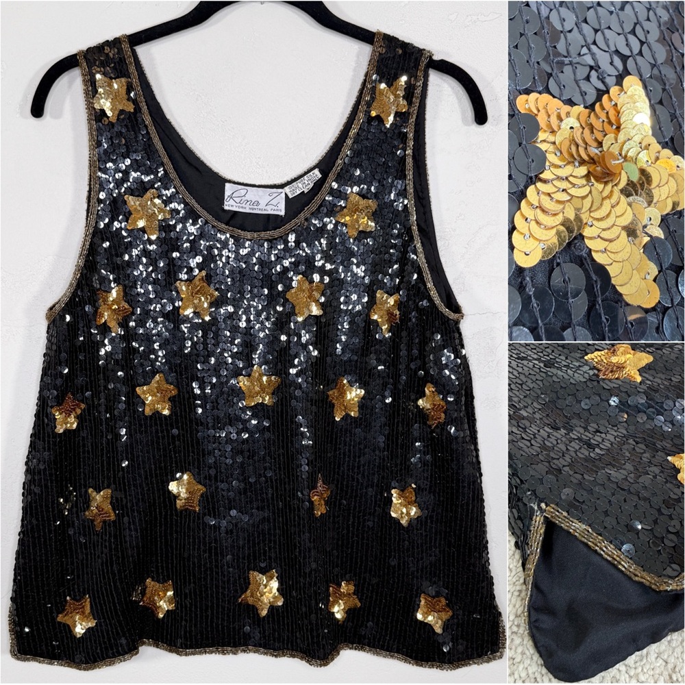 Vintage Rina Z. New York Montreal Paris 100% Silk Sequin Beaded Stars Tank Top